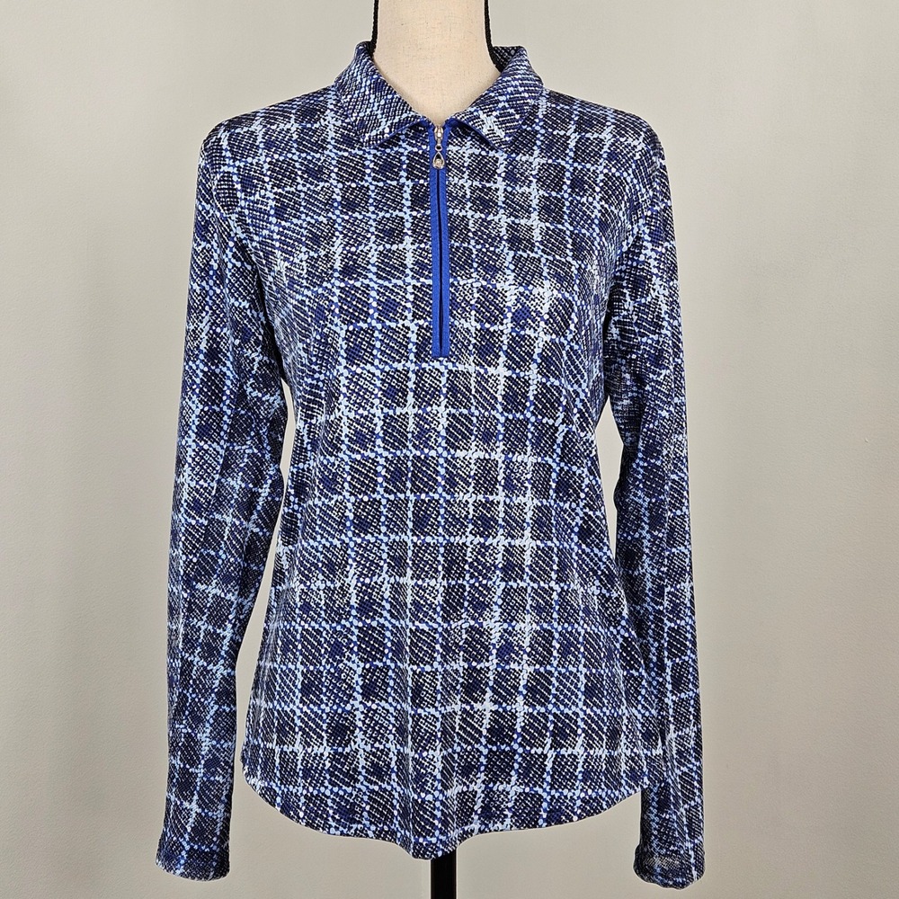 SanSoleil Women Golf Outdoor Top M Blue Plaid UPF 50 SolCool Quarter Zip